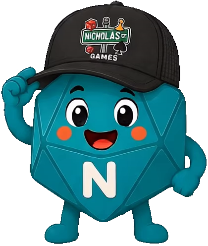 Nickie, the Letter Me This! AI Game Master — a cheerful teal twenty-sided die wearing a Nicholas Street Games cap
