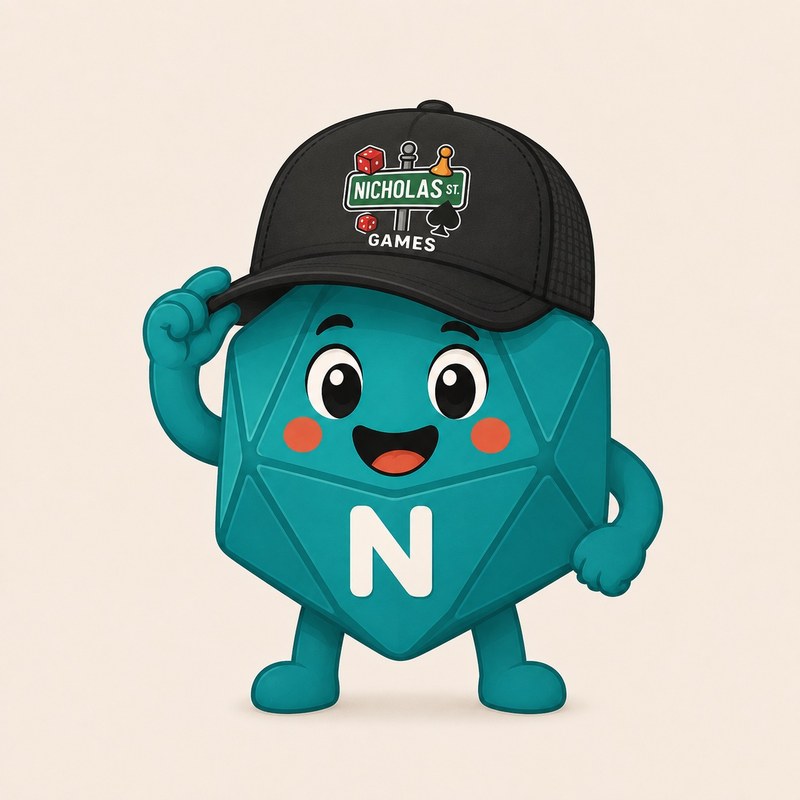 Nickie, the Letter Me This! AI Game Master — a cheerful teal twenty-sided die wearing a Nicholas Street Games cap
